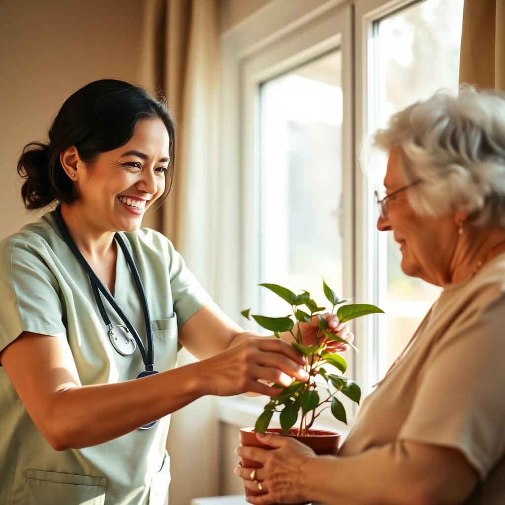 A helper and older woman tending a potted plant by the window