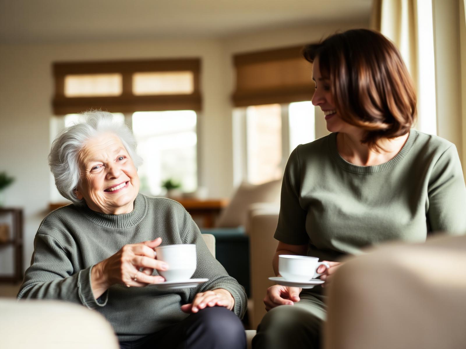 A caregiver sharing tea with an older woman in a sunlit living room