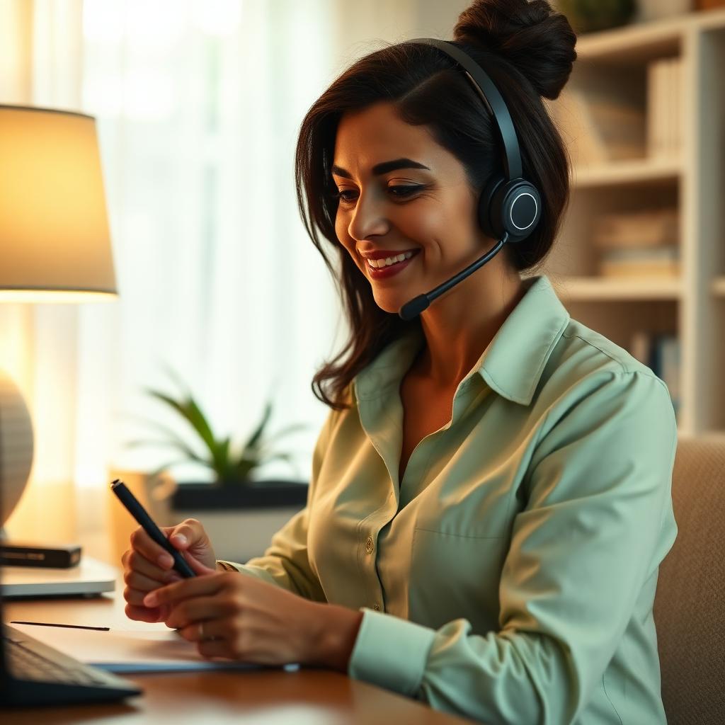 A CompanionCare concierge on the phone in a softly lit home office
